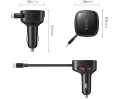 Orico FC-66-1A2C 66W automobilinis įkroviklis su integruotu ištraukiamu USB-C laidu - Juodas