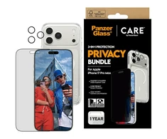 „Panzer Glass CARE by PanzerGlass Flagship Privacy 3in1“ dėklas + privatumo stiklas + lęšis, skirtas „iPhone 17 Pro Max“.