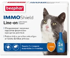 Pilieni pret blusām, ērcēm kaķiem - Beaphar IMMO SHIELD LINE-ON Cat, 3 pipetes
