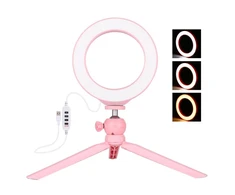 Puluz tripodas su žiedine LED lempa 16 cm, rožinis