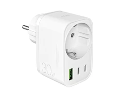 Puro 30 W maitinimo įkroviklis su Schuko kištuku ir lizdu, 2x USB-C + 1x USB-A - Baltas