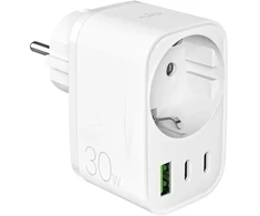 Puro 30 W maitinimo įkroviklis su Schuko kištuku ir lizdu, 2x USB-C + 1x USB-A - Baltas