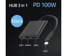 Qoltec 3-in-1 šakotuvas USB-C į USB 3.0 | HDMI | USB-C | 100W