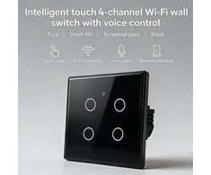 Qoltec Protingas 4 kanalų liečiamasis jungiklis šviesos išjungimui | Wi-Fi | Laikmatis | Tuya | Smart life | Grūdintas stiklas | Juodas
