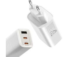 Rock laidinis įkroviklis Ice2Cube GaN – USB + 2xType C – PD 65W 3A baltos spalvos