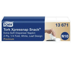 Servetėlės dozatoriui TORK PREMIUM XPRESSNAP SNACK, 2 sluoksnių, lapelio dydis 21,6 x 21,6 cm, 5 x 100 servetėlių, baltos su lapų raštu