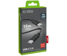 SBS Audinio duomenų perdavimo ir įkrovimo kabelis | USB-C į USB-C | 60 W | 1,5 m | juodas