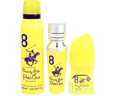 Rinkinys „Beverly Hills Polo Club“: 1982 m. – „Sport 8“ kvepalai moterims, 50 ml + 1982 m. – „Sport 8 Freshness“ kūno purškiklis, 150 ml + „No. 8“ antiperspirantas-dezodorantas rutulinis dezodorantas moterims, 50 ml