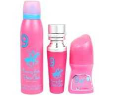Rinkinys „Beverly Hills Polo Club“: „No. 9“ kvepalai moterims, 50 ml + „No. 9“ rutulinis antiperspirantas dezodorantas moterims, 50 ml + „1982 - Sport 9 Freshness“ kūno purškiklis, 150 ml