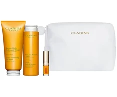 Set Clarins: Aroma, Essential Oils, Hydrating, Body Oil, 200 ml + Aroma, Essential Oils, Dušo želė, All Over The Body, 200 ml + Lip Confort, Lip Oil, 01, 1.4 ml *Miniature + Clarins, Zippered, GWP Textile Pouch, Baltas