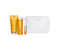 Clarins Set Clarins: Aroma, Essential Oils, Hydrating, Body Oil, 200 ml + Aroma, Essential Oils, Dušo želė, All Over The Body, 200 ml + Lip Confort, Lip Oil, 01, 1.4 ml *Miniature + Clarins, Zippered, GWP Textile Pouch, Baltas Unisex