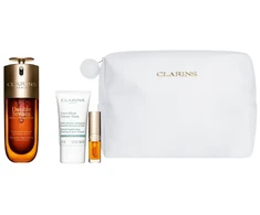 Rinkinys Clarins: Dvigubas, prieš senėjimą, serumas, veidui, 50 ml + Cryo-Flash, sutvirtinanti ir suteikianti spindesio, kaukė-kremas, veidui, 15 ml + Lip Confort, lūpų aliejus, 01, 1,4 ml *miniatiūra + Clarins, su užtrauktuku, GWP tekstilinis maišelis, baltas