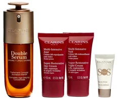 Set Clarins: Super Restorative, Reparative, Day, Kreminis, For Face, 15 ml + Super Restorative, Reparative, Night, Kreminis, For Face, 15 ml + Double, Anti-Ageing, Serum, For Face, 50 ml + S.O.S., Moisturizing, Liquid Primer, 5 ml *Miniature