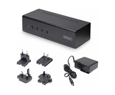 StarTech.com 4 prievadų dviejų monitorių „DisplayPort KVM“ jungiklis, 4K 60Hz, 2x USB 5Gbps šakotuvo prievadai, 2x USB 2.0 HID prievadai, karštųjų klavišų ir mygtukų perjungimas, atitinkantis TAA reikalavimus - 3,5 mm garsas, HDCP (P4DD46A2-KVM-SWITCH) - KVM / garso jungiklis - 4 x KVM / garsas / USB - 1 prievadas