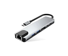 Tech-Protect HB02 HUB Adapteris 6in1 USB-C + USB2.0 + USB3.0 + HDMI 4K 30Hz + RJ45 + PD100W - pilka