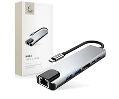 Tech-Protect HB02 HUB Adapteris 6in1 USB-C + USB2.0 + USB3.0 + HDMI 4K 30Hz + RJ45 + PD100W - pilka