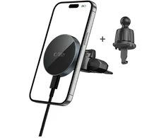 „TECH-PROTECT MM15W-V5“ magnetinis „MagSAFE“ CD grotuvo ir ventiliacijos angos laikiklis automobiliui, belaidis įkroviklis, 15 W, juodas/juodas