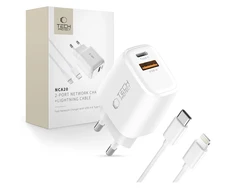 Tech-Protect NCA20 PD 20W QC3.0 USB-A / USB-C sieninis įkroviklis + USB-C / Lightning laidas 100 cm - Baltas