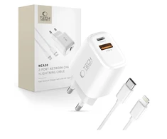 Tech-Protect NCA30 PD 30W QC3.0 USB-A / USB-C sieninis įkroviklis + USB-C / Lightning laidas 100 cm - Baltas