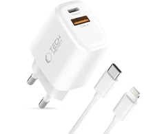 Tech-Protect NCA30 PD 30W QC3.0 USB-A / USB-C sieninis įkroviklis + USB-C / Lightning laidas 100 cm - Baltas