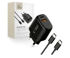 Tech-Protect NCA45W-GAN 2-Port laidinis įkroviklis PD 45W / QC3.0 + Type-C kabelis juodos spalvos