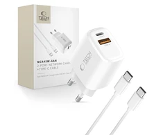 Tech-Protect NCA45W-GAN 2-PORT laidinis įkroviklis PD 45W / QC3.0 + TYPE-C kabelis baltos spalvos