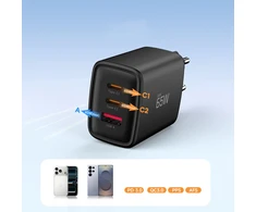 Tech-Protect NCA65W-GAN 3-PORT laidinis įkroviklis PD 65W / QC3.0 juodos spalvos