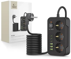 „TECH-PROTECT PC3X6“ maitinimo laidas, 3 USB ir 3 C tipo bei 3 lizdai, 200 cm, juodas