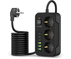 „TECH-PROTECT PC3X6“ maitinimo laidas, 3 USB ir 3 C tipo bei 3 lizdai, 200 cm, juodas