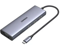Ugreen CM498 15600 USB-C adapteris – 3x USB-A 3.0 | HDMI | VGA | RJ45 | SD | TF kortelių skaitytuvas | USB-C PD – pilkas