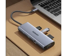 Ugreen CM498 15600 USB-C adapteris – 3x USB-A 3.0 | HDMI | VGA | RJ45 | SD | TF kortelių skaitytuvas | USB-C PD – pilkas