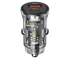 Automobilinis įkroviklis 30W USB + USB-C Fast Charge Usams C32 CC164CC01 (US-CC164) juodos spalvos
