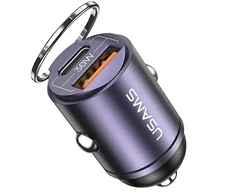 Automobilinis įkroviklis 30W PD USB-C + USB Fas Charge With Built-In Ring USAMS C38 CC206CC01 (US-CC206) violetinės spalvos