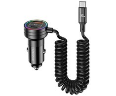 USAMS automobilinis įkroviklis 2xUSB-C 1xUSB-A C33 60W with spring cable Fast Charge juodos spalvos CC167CC01 (US-CC167)