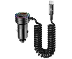 USAMS automobilinis įkroviklis 2xUSB-C 1xUSB-A C33 60W with spring cable Fast Charge juodos spalvos CC167CC01 (US-CC167)