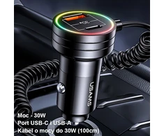 USAMS automobilinis įkroviklis 2xUSB-C 1xUSB-A C33 60W with spring cable Fast Charge juodos spalvos CC167CC01 (US-CC167)