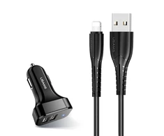 Automobilinis įkroviklis (2xUSB) su Lightning laidu, USAMS, 2.1A, juodas