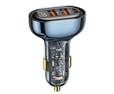 USAMS automobilinis įkroviklis 2xUSB+1xUSB-C 125W Fast Charge transparent mėlynos spalvos CC158CC02 (US-CC158)