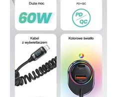USAMS automobilinis įkroviklis C37 1xUSB+1xUSB-C 60W + kabelis Ligtning 30W PD+QC Fast Charge juodos spalvos CC193CC01 (US-CC193)