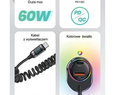 USAMS automobilinis įkroviklis C37 1xUSB+1xUSB-C 60W + kabelis USB-C 30W PD+QC Fast Charge juodos spalvos CC192CC01 (US-CC192)