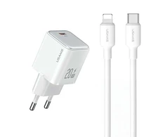 USAMS Laidinis įkroviklis 1xUSB-C PD20W PD3.0 Fast Charging US-CC183 + kabelis USB-C/Lightning US-SJ610 baltos spalvos YX Series YXXLOGTC03