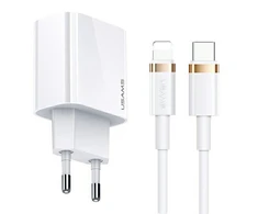 USAMS Tinklo įkroviklis 1xUSB-C T34 20W 5V-3A PD3.0 + kabelis U63 USB-C lightning 20W baltos spalvos (T49) T49OCLN01