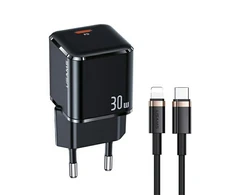 USAMS Tinklo įkroviklis 1xUSB-C T45 30W PD3.0 Fast Charging +kabelis U63 USB-C/Lightning juodos spalvos UXTZH01 (USAMS-UX)