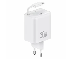 USAMS Laidinis įkroviklis 1xUSB-C su suvyniojamu kabeliu USB-C Retractable PD+QC 30W Gan Fast Charging baltos spalvos YC Series CC241TC02 (US-CC241)