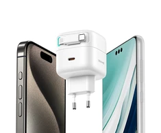 USAMS Laidinis įkroviklis 1xUSB-C su suvyniojamu kabeliu USB-C Retractable PD+QC 35W Gan Fast Charging baltos spalvos XMF Series CC202TC02 (US-CC202)