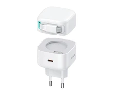 USAMS Laidinis įkroviklis 1xUSB-C su suvyniojamu kabeliu USB-C Retractable PD+QC 35W Gan Fast Charging baltos spalvos XMF Series CC202TC02 (US-CC202)