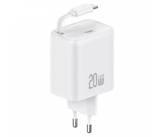 USAMS Laidinis įkroviklis 1xUSB-C su suvyniojamu kabeliu USB-C Retractable PD+QC 20W Gan Fast Charging baltos spalvos YC Series CC233TC02 (US-CC233)