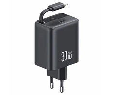 USAMS Laidinis įkroviklis 1xUSB-C su suvyniojamu kabeliu USB-C Retractable PD+QC 30W Gan Fast Charging juodos spalvos YC Series CC241TC01 (US-CC241)