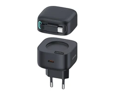 USAMS Laidinis įkroviklis 1xUSB-C su suvyniojamu kabeliu USB-C Retractable PD+QC 35W Gan Fast Charging juodos spalvos XMF Series CC202TC01 (US-CC202)