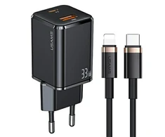 USAMS Tinklo įkroviklis 1xUSB-C+1xUSB T43 33W PD3.0 +QC3.0 + kabelis U63 USB-C lightning juodos spalvos USKTZ01